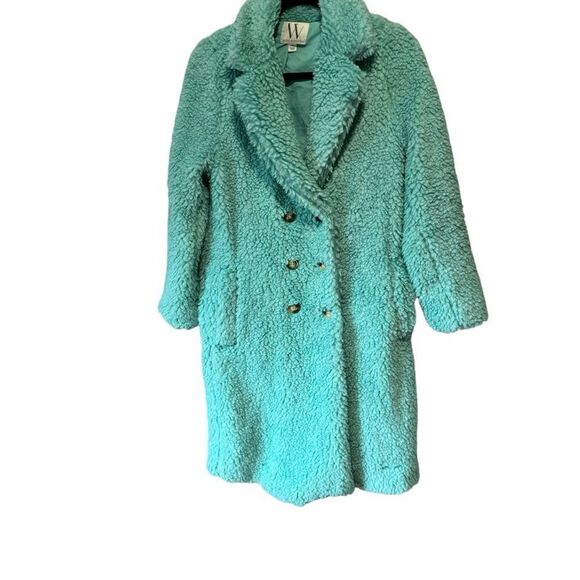 Worthington SeaFoam Green Blue Faux Fur Teddybear Shearling Double Breasted Coat - Picture 8 of 12